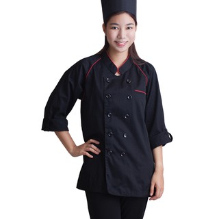 🔥ยอดนิยม!! เอโร่ เสื้อกุ๊กแขนสามส่วนสีดำ กุ๊นแดง Size L Chef Uniform C1302-1 Black/Red #L