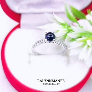 R6451 แหวนพลอยไพลินเผาเก่าออสเตรเลียแท้ ( Blue sapphire ) ตัวเรือนเงินแท้ 925 ชุบทองคำขาว ไซส์ 53 แก้ไซส์ฟรี