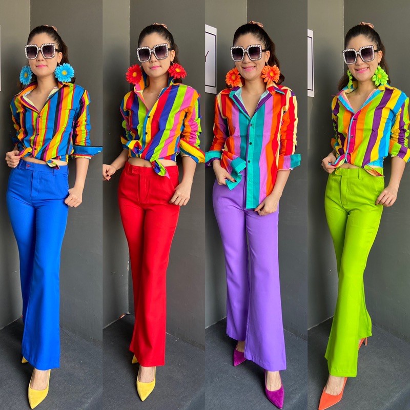 เซตเสื้อลายทางกางเกงสีพื้น ชุดแหยม ชุดอีเจ้ย ชุดย้อนยุค ชุดทองกวาว (เสื้อ+กางเกง) ราคา ถูกที่สุด ดีลบีเคเค แกลเลอรีภาพที่ 3