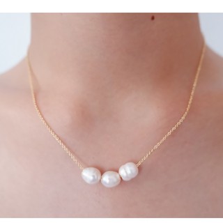 สร้อยคอ มุกน้ำจืดแท้ สร้อยชุบทองคำขาวประดับ Fresh Pearl Silver Gold Filled Necklace with White Gold Coated