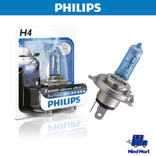 หลอดไฟหน้ารถมอเตอร์ไซค์ UPGRADE PHILIPS H4 รุ่น BLUE VISON ULTRA 12V 60/55W P43T-38 ( 4000K )