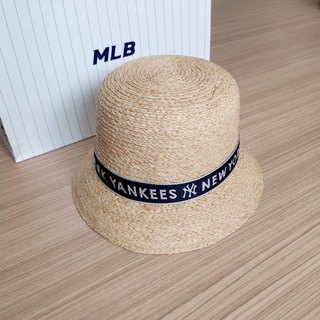 &lt;พร้อมส่ง&gt;MLB Raffia Wide Bucket Hat หมวกปีก หมวกสาน คาด New York Yankees Free size/ One size