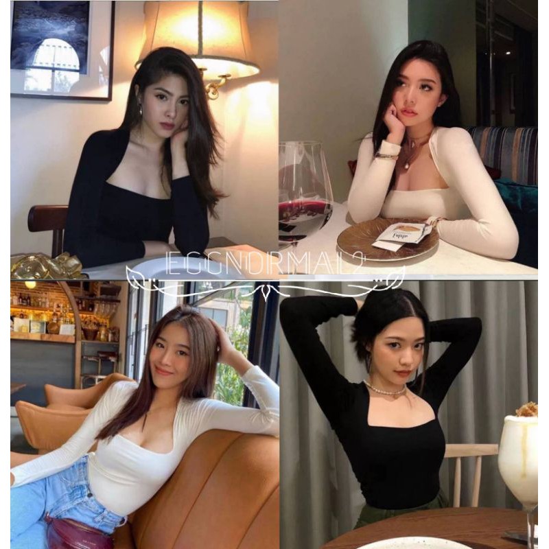 TOPSHOP.🌈T31เสื้อยืดคอเหลี่ยมพับซ่อนขอบแขนยาว