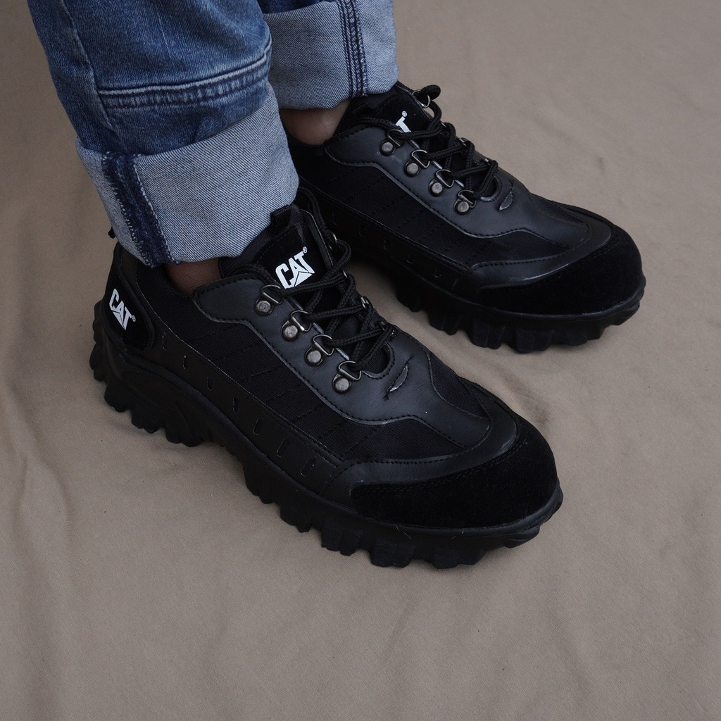 Hitam Men& 39;s SHORT SAFETY BOOTS CATERPILLAR BULDZER LOW PREMIUM BLACK TAN GREY