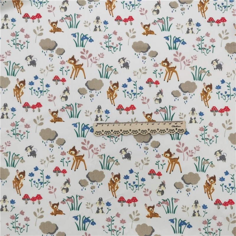 ผ้าคอตตอน 100% ทอทวิล หน้ากว้าง1.6 เมตร ตัดขายเป็นเมตร พิมพ์ลายเห็ด ลายกระต่าย หมี กวาง