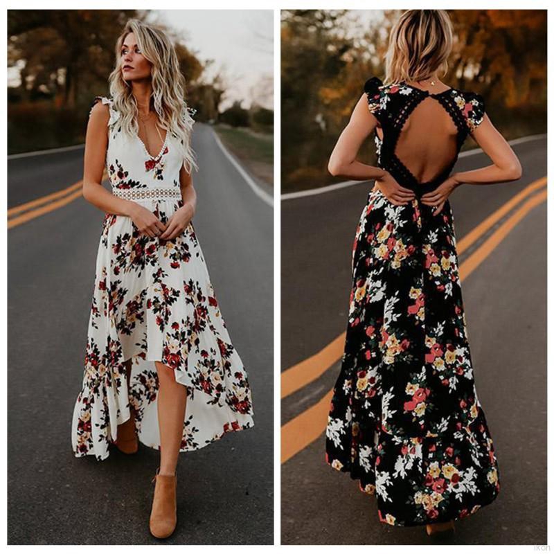 ชุด ถูก Women's-Boho Backless-Floral Print-Long Maxi-Dresses Irregular-Deep V-Dress ชุดราตรีสั้น ลดราคา ขายดี ชุดเดรสสั้น นำเข้า ราคา