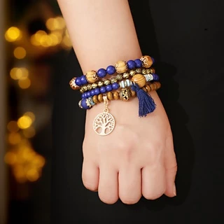 4 ชิ้น / เซต สร้อยข้อมือ โบฮีเมียน หลายชั้น ลูกปัดไม้ สําหรับผู้หญิง วินเทจ พู่ ดอกกุหลาบ สร้อยข้อมือ Femme เครื่องประดับ