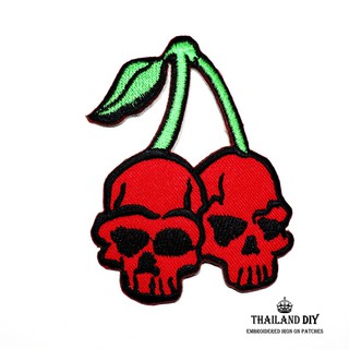 [ ตัวรีดติดเสื้อ ลาย เชอร์รี รอยสัก หัวกะโหลก ] Cherry Skull Tattoo Patch งานปัก DIY ตัวรีด อาร์ม ติดเสื้อ กางเกง ยีนส์