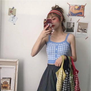 NEW เสื้อสายเดี่ยว เสื้อกล้ามสาวอวบ เสื้อสายเดี่ยวสาวอวบ New womens Korean-style chic vintage stripe slim sleeveless knitted vest short all-match outer wear camisole top