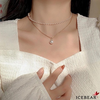 ICE-Women Necklace Dual Layer Alloy Pearl Lightweight Pendant Clavicle Chain Jewelries Gift