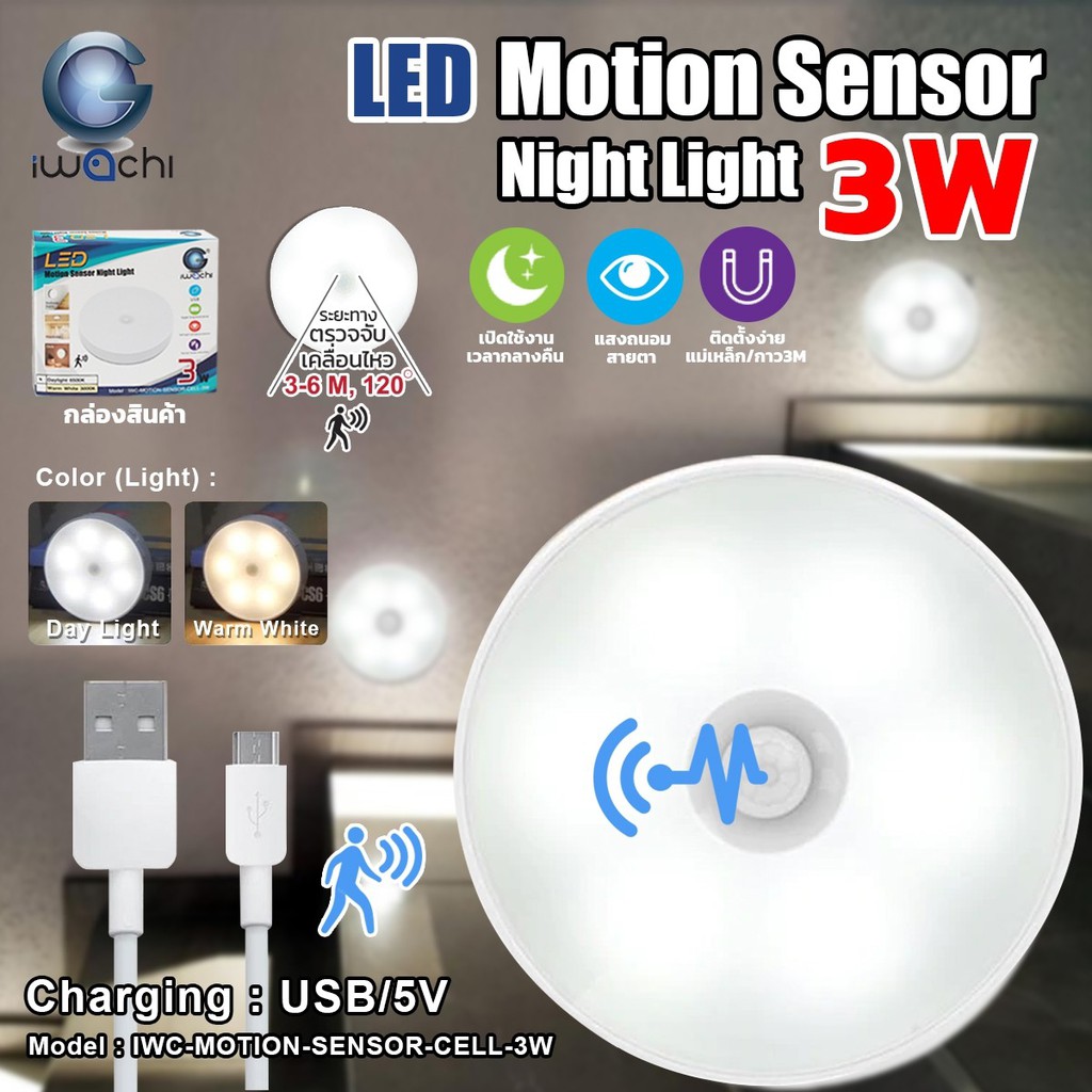 IWACHI โคมไฟไร้สาย เซนเซอร์ตรวจจับเคลื่อนไหว รุ่น IWC-MOTION-SENSOR-CELL-3W แสงขาว / แสงวอร์มไวท์