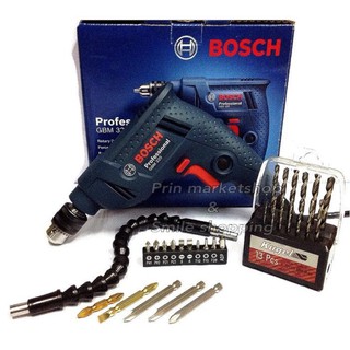 BOSCHสว่านไฟฟ้า 2หุน รุ่น GBM320 (สีน้ำเงิน) + ข้อต่ออ่อน + ดอกไขควง 20ชิ้น + Kugel ดอกสว่าน เจาะเหล็ก 13ตัว/ชุด#256