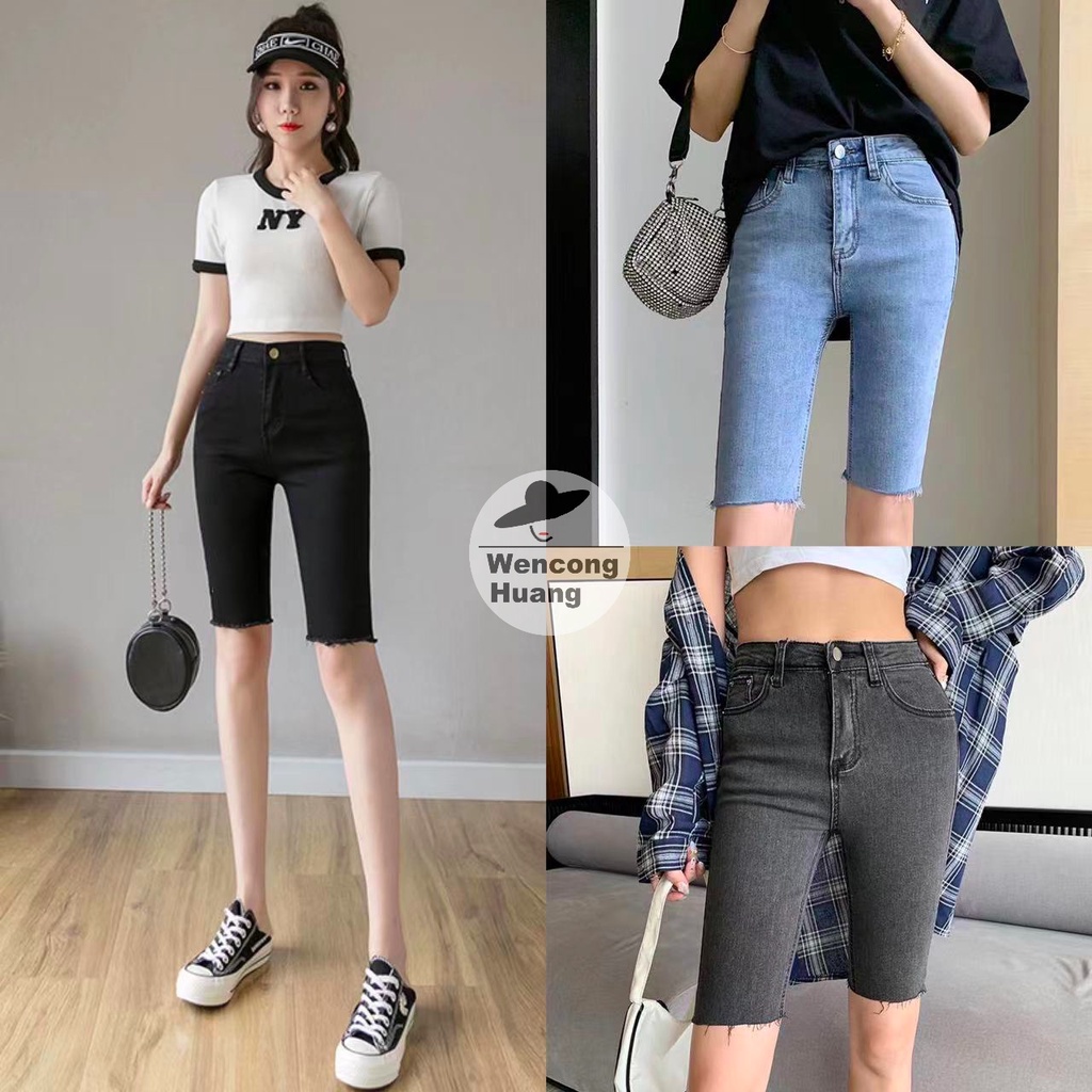 💥#1024💥 กางเกงยีนส์ผู้หญิงขาสั้น สามส่วน 3/4 ผ้ายืด เอวสูง ทรงเข้ารูป เก็บทรง มี S - 2XL