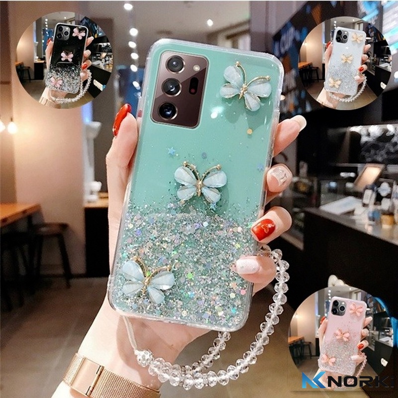 เคสโทรศัพท์มือถือแบบนิ่ม TPU ใส ลายผีเสื้อ 3D กลิตเตอร์ ระยิบระยับ พร้อมสายคล้องคริสตัล สําหรับ VIVO V21 V21E V20 V20SE V17 V19 V15 Pro