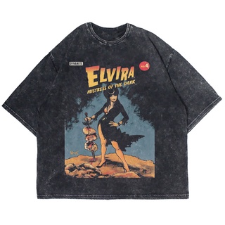 เสื้อยืดผ้าฝ้ายพิมพ์ลายแฟชั่น เสื้อยืด พิมพ์ลาย Mystery DARK WASHING VINTAGE OVERSIZE ELVIRA