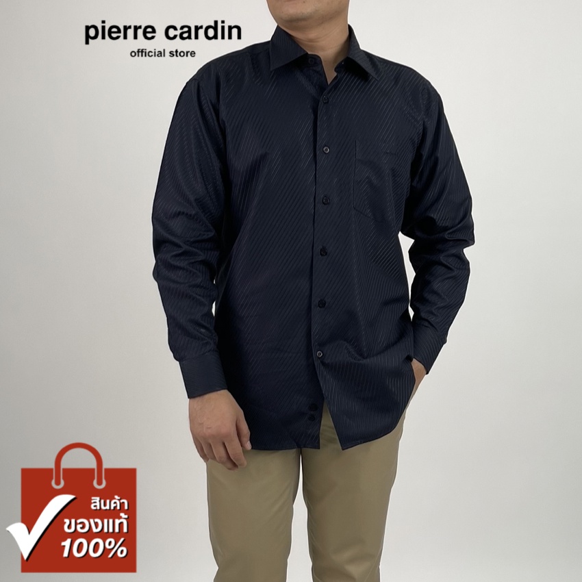 Pierre Cardin เสื้อเชิ้ตแขนยาว Basic Fit รุ่นมีกระเป๋า ผ้า Cotton 100% [RHT4869-BL]