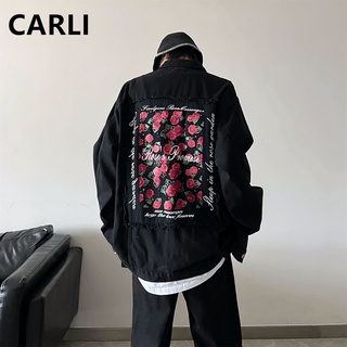 Hot Sale🔥 CARLI Denim Jacket เสื้อแจ็คเก็ตยีนส์ผู้ชาย ทรงหลวม ปักลายดอกกุหลาบ