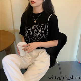 Wittygirls-shop_เสื้อยืดคอกลม แขนสั้น พิมพ์ลายเส้น ทรงหลวม สไตล์เรโทร โอเวอร์ไซซ์ สําหรับผู้หญิง