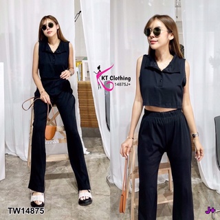 TW14875 Set 2 ชิ้น เสื้อครอป คอปกมีกระดุมอก แขนกุด + กางเกงขายาว เอวสูงสม็อก ขาม้า ผ้านิ่มยืดได้เยอะไม่รัดรูป ผ้าไม่บาง