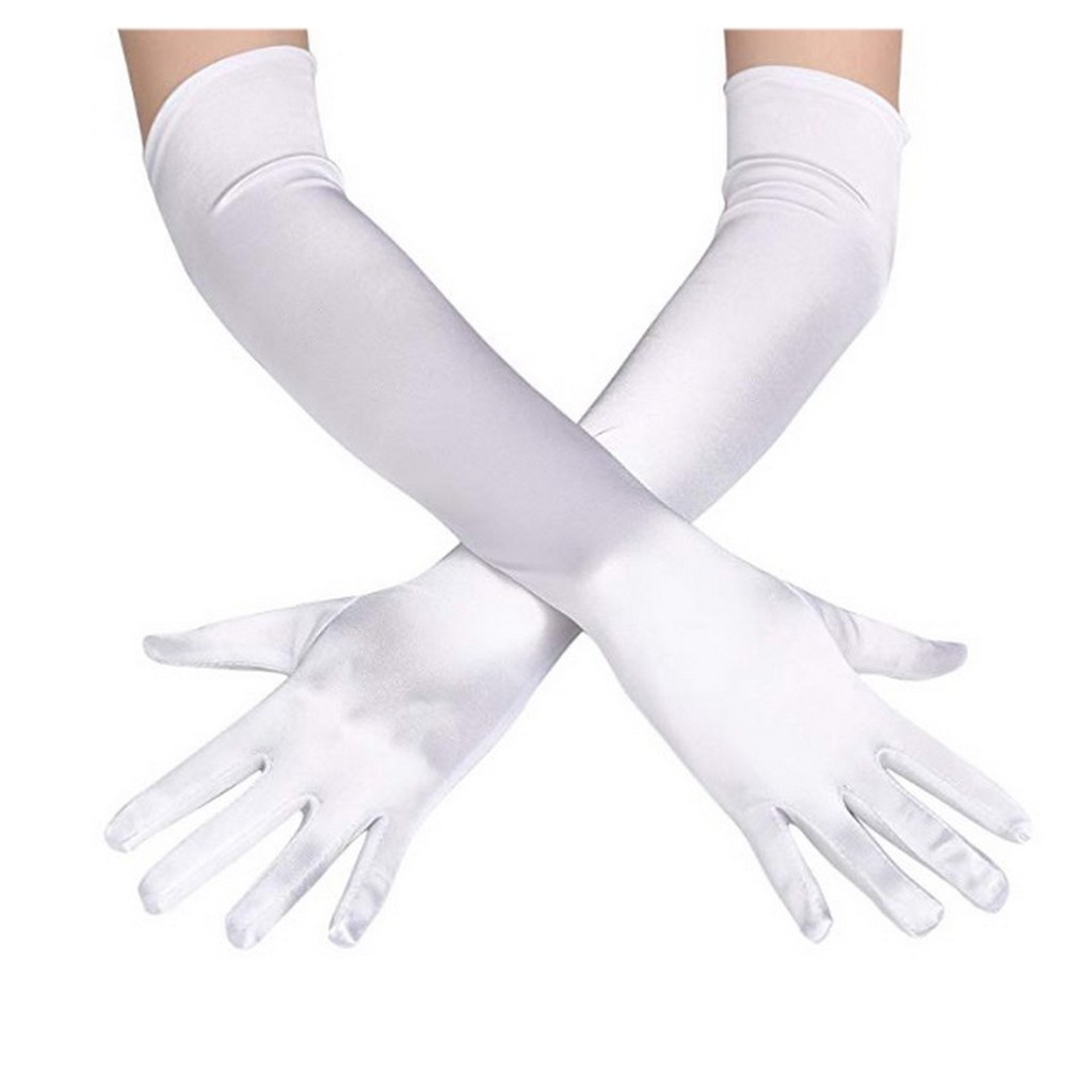 ถุงมือออกงาน แบบยาว 21 นิ้ว สีขาว ยาวเลยศอก ผ้าซาติน เงา สไตล์วินเทจ ถ่ายภาพ การแสดง ทางการ พร้อมส่งจ่าไทย