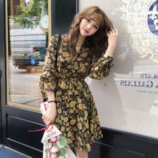 🌼Marigold vintage dress 🌼สินค้านำเข้า พร้อมส่ง ชุดมินิเดรสแขนยาวลายดอกไม้สีเหลืองหม่น ใส่แล้วได้ลุคหวานๆวินเทจเบาๆ