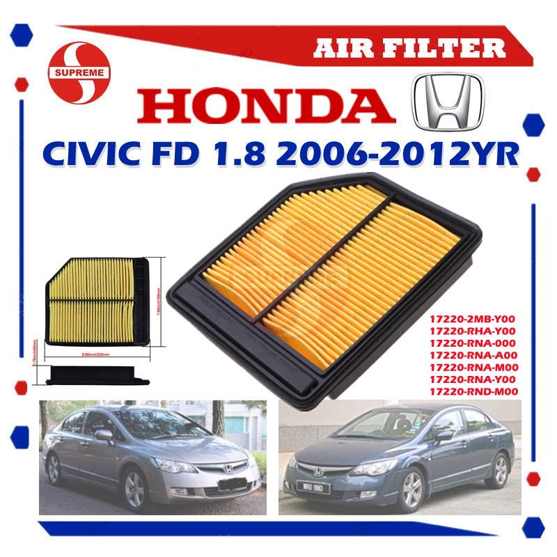 S2U กรองอากาศรถยนต์ Honda Civic FD SNA 1.8CC 06-11YR 17220-RNA-A00 17220-2MB-Y00 17220-RND-M00 Penap