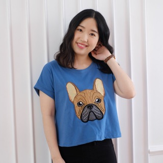 เสื้อครอป แขนสั้น crop top งานปัก ลาย French Bulldog ผ้านิ่ม COTTON 100%