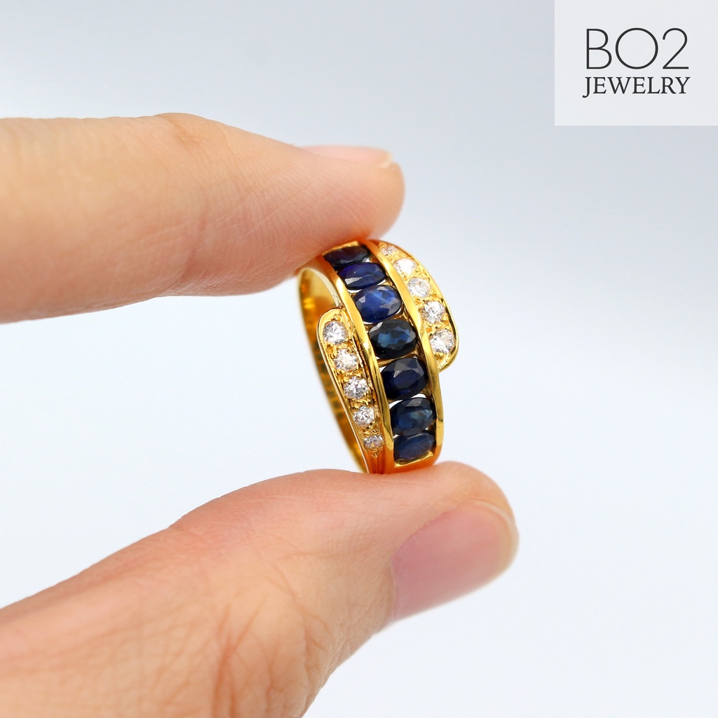 แหวนทองแท้ หลุดจำนำ size 54 แหวนแถวไพลินแท้ฝังสอด ประดับเพชรรัสเซีย ทองคำแท้ 18k