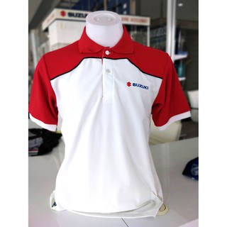 เสื้อโปโล suzuki สีขาวลายแดง