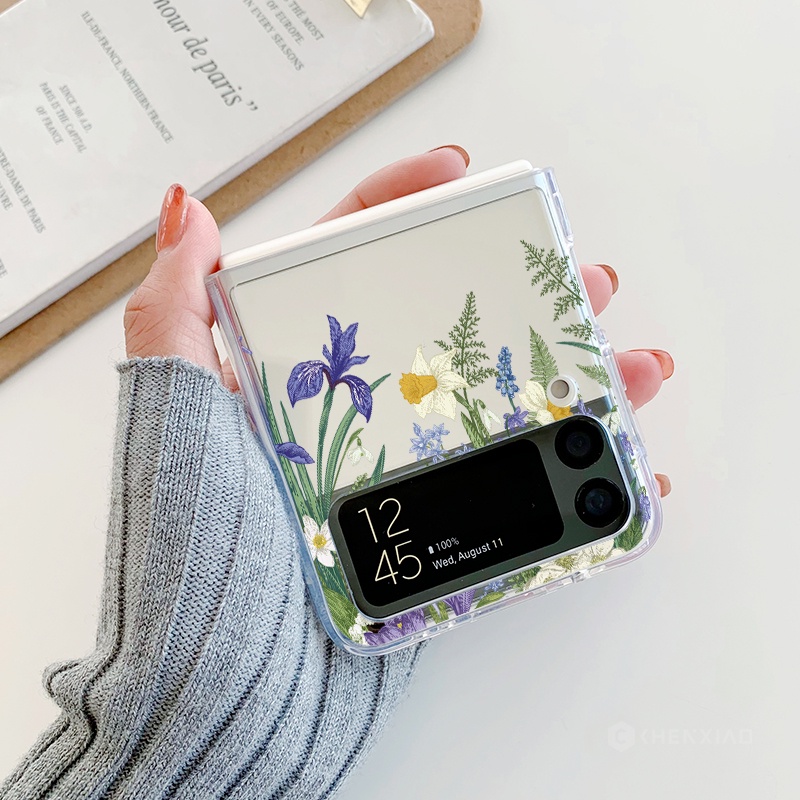 แฟชั่นความคิดสร้างสรรค์ ดอกไม้พืชเคสโทรศัพท์สําหรับ Samsung Galaxy Z Flip 3 4 Clear PC Hard Cover โปร่งใสกันกระแทก shell