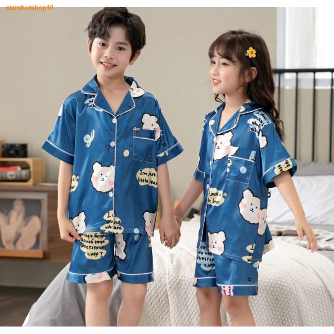 จัดส่งจากประเทศไทยใหม่ ชุดนอนเด็กลายการ์ตูน ผ้าซาติน ชุดนอนเด็ก แขนสั้น ...