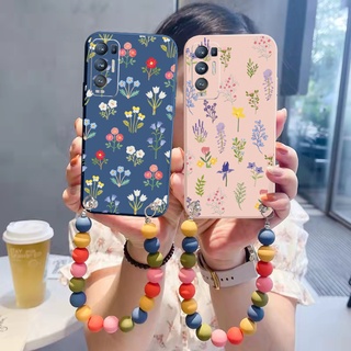 เคสโทรศัพท์มือถือ ขอบสี่เหลี่ยม ลายดอกไม้ พร้อมสายคล้องโซ่ หรูหรา สําหรับ OPPO Reno6 Z 5G Reno 5 Pro 4 4G 3 Reno2 Z F