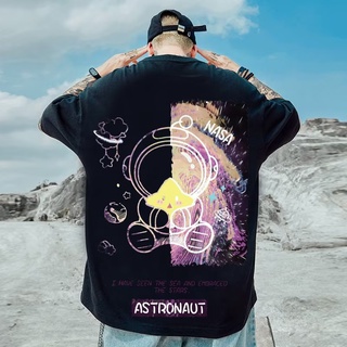 เสื้อยืดแขนสั้นลำลอง คอกลม ทรงหลวมสำหรับผู้ชายและผู้หญิง พิมพ์ลายท้องฟ้านักบินอวกาศ สไตล์เกาหลีและฮ่องกง แฟชั่นฤดูร้อน