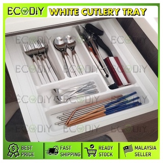 Ecodiy ถาดใส่ช้อนส้อม ABS สําหรับลิ้นชัก ห้องครัว ถาดช้อน สีขาว ถาดตู้ครัว