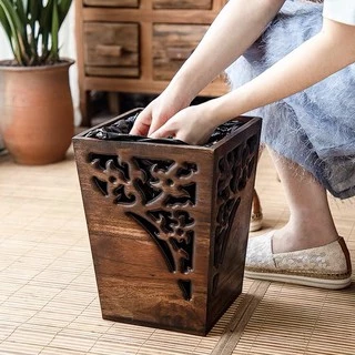 ถังขยะลายดอกฉลุไม้แกะฝีมือดี ห้องครัว ห้องนอน ห้องนั่งเล่น ที่เก็บของ ขนาด12ลิตร