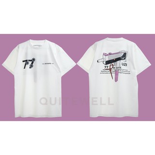 เสื้อยืดผ้าฝ้าย QWT92-2 UZI 77 WHITE เสื้อยืด แขนสั้น