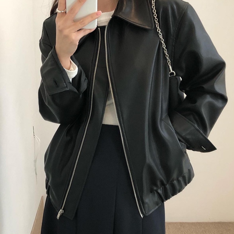【New】Long Sleeved Motorcycle Suit Leather Coat Female Streetwear Cool Korean Style Chic Loose Casual All Match Jacket To #1