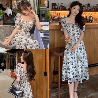 พร้อมส่ง Maxidress เดรสคอเหลี่ยม ลายดอกไม้ โทนสีขาวดำ เดรสดอกไม้ เดรสแขนตุ๊กตา เดรสงานป้าย