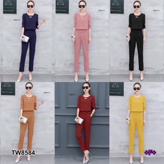 👗Pfashion [ส่งไว!!🚛] P8584 Set เสื้อแขนศอกเจาะคอ + กางเกงขายาว  Set of elbow sleeve shirt + long pants