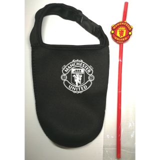 ถุงหิ้วแก้วเยติพร้อมหลอดลาย แมนยู Manchester united สีดำ ถุงแก้วเยติ ขนาด 30ออนซ์