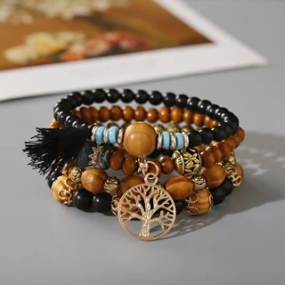 4 ชิ้น / เซต สร้อยข้อมือ โบฮีเมียน หลายชั้น ลูกปัดไม้ สําหรับผู้หญิง วินเทจ พู่ ดอกกุหลาบ สร้อยข้อมือ Femme เครื่องประดับ