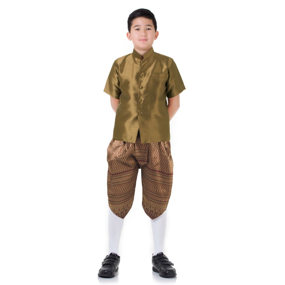 ชุดไทยเด็กชายเซ็ตเสื้อราชปะแตนแขนสั้นและโจงกระเบนผ้าไหมเทียม