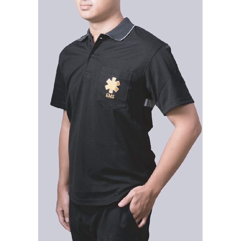เสื้อโปโล EMS 1669 ผ้าสีดำปักทอง