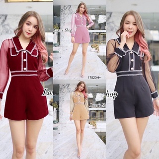 MF17520 Jumpsuit จั๊มสูทขาสั้น เสื้อแขนยาวผ้ามุ้งซีทรูทรงคอปก แต่งลูกไม้ห่วงขาวรอบตัว อกแต่งกระดุมหน้า งานสุดหรู ทรงเข้า