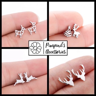 🇹🇭 พร้อมส่ง : 🦌 ต่างหูสแตนเลสสไตล์มินิมอลลายกวางเรนเดียร์และกวางมูส | Reindeer And Moose Minimalist Stud Earring.