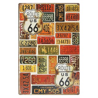 ป้ายสังกะสีวินเทจ Route US 66 and Auto License Plate