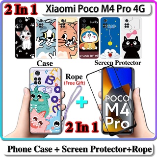 2 IN 1 เคส Xiaomi Poco M4 Pro 4G เคส พร้อมกระจกนิรภัยโค้ง ป้องกันหน้าจอ เซรามิค ลายแมว และโดราเอมอน