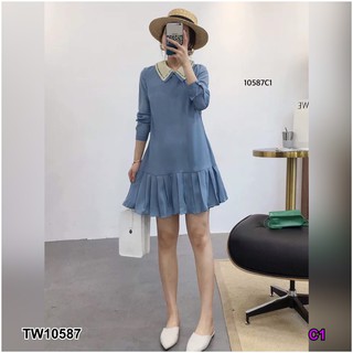 Dress เดรสแขนยาวผ้าหางกระรอก คอปกปังเกล็ด TT10587