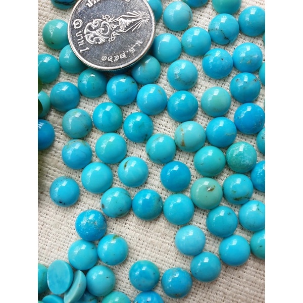 ( 1 ชุด มี 12 เม็ด ) หินแท้ เทอควอยซ์ Turquoise ทรงกลม หลังเบี้ย ขนาด 7มิล สีฟ้าอมเขียว สีธรรมชาติ ลายสวย หินสี หินแท้