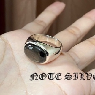 แหวนเงินเรียบ ฝังแบล็คสตาร์บางกะจะจันทบุรี Sterling Silver 925 NSRG2698